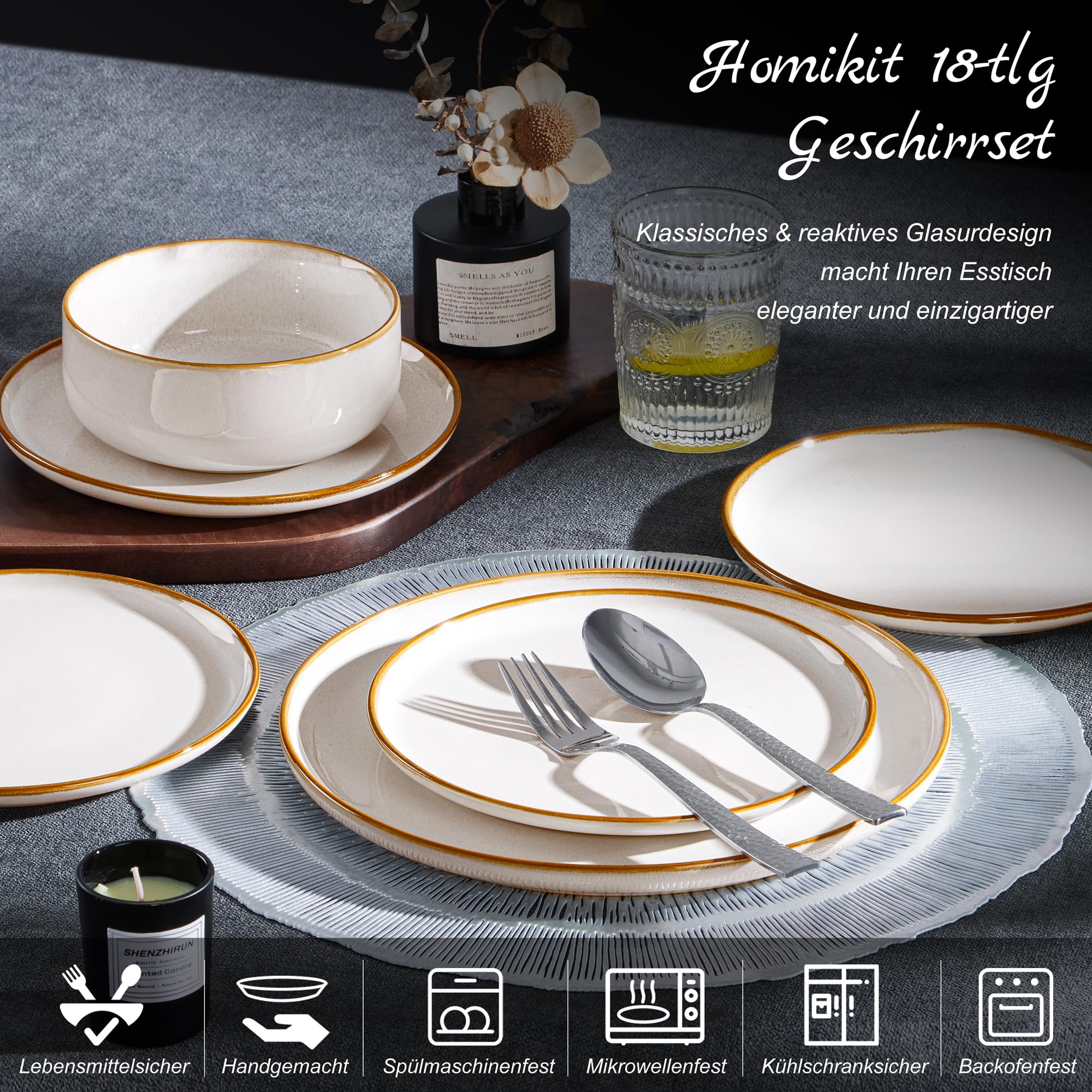 Homikit vajilla para 6 personas, vajilla de gres de 18 piezas, de esmalte reactivo con cuenco y plato, resistente a los arañazos, apta para microondas y lavavajillas, Jupiter Beige