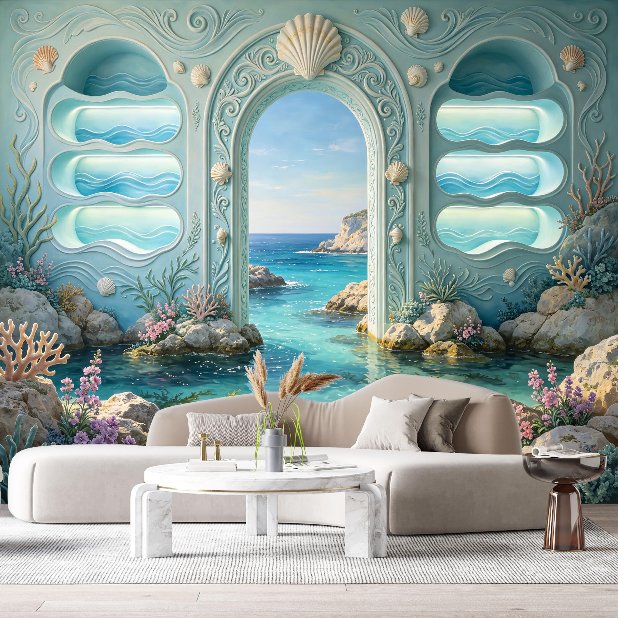 Custom Size Wall Murals Fantasy Ocean Grotto Archway Coral 3D Trompe L'Oeil SelfAdhesiveWall Fabric Removable Wallpaper Wall Decor for Living Room Bedroom Bathroom