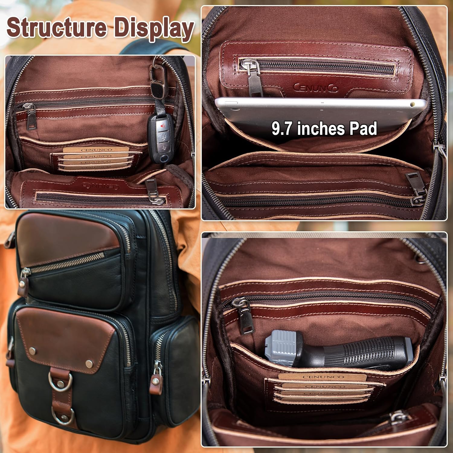 Miniatura 4 de CENUNCO Bolso bandolera de cuero genuino para hombre, mochila cruzada, casual, senderismo, motocicleta, bolsa de pecho antirrobo, bolso de viaje