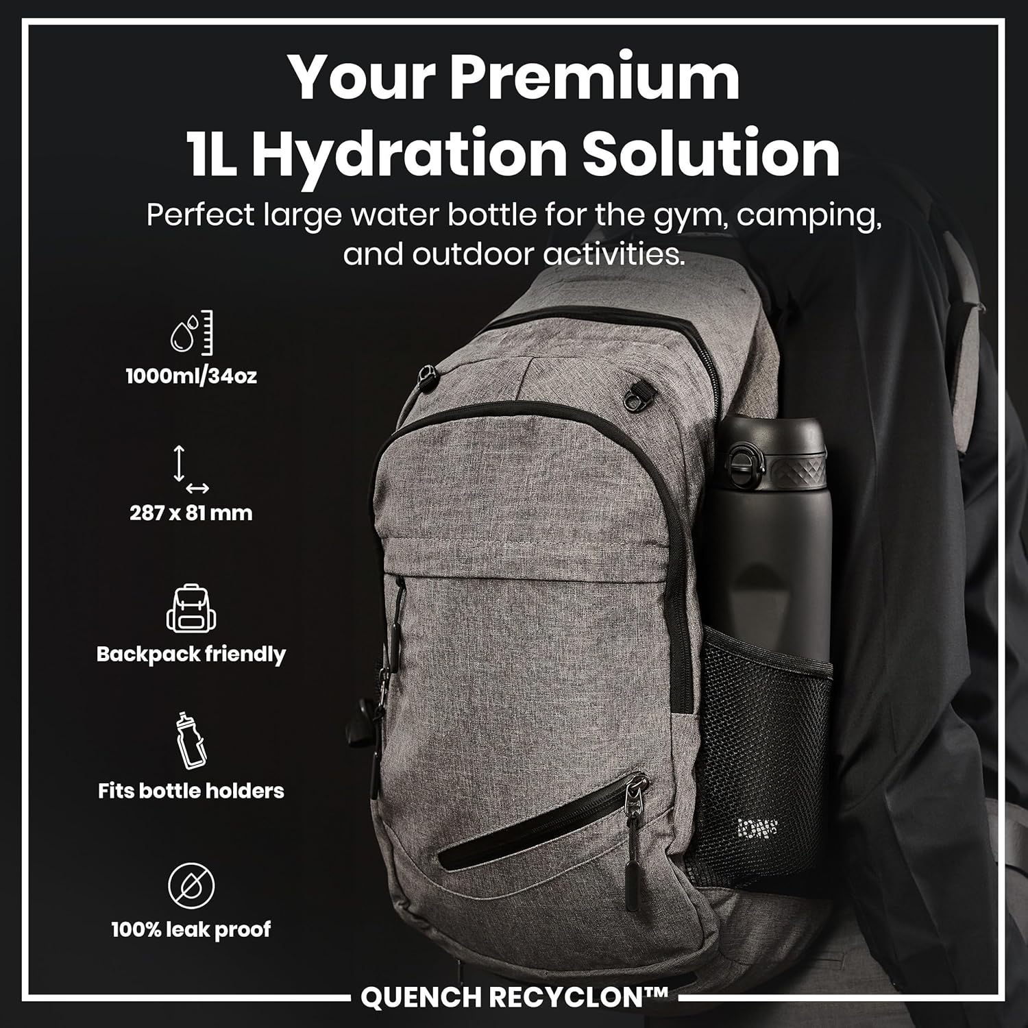 Ion8 1 Litre Water Bottle, Leak Proof, Flip Lid, Carry Handle, Rapid Liquid Flow, Dishwasher Safe, BPA Free, Soft Touch Contoured Grip, Ideal for Sports and Gym, Carbon Neutral, 32 oz, Black