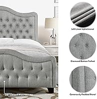 Vista 16 de Rosevera Turin Linen - Cama tapizada con paneles y cabecero capitonado con botones ajustables para dormitorio, tamaño Queen, color gris