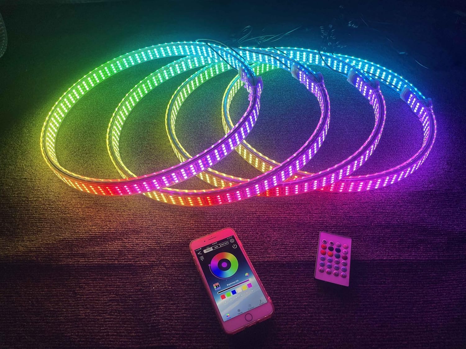 8Rolls 17.5" Double Sided Quad Row Wheel Lights - Brightest RGB Multi-Color Addressable LEDs, Dynamic Lighted Up Wheel Rim Tire Rings, Bluetooth Remote, Wheel Lights for Truck & Car