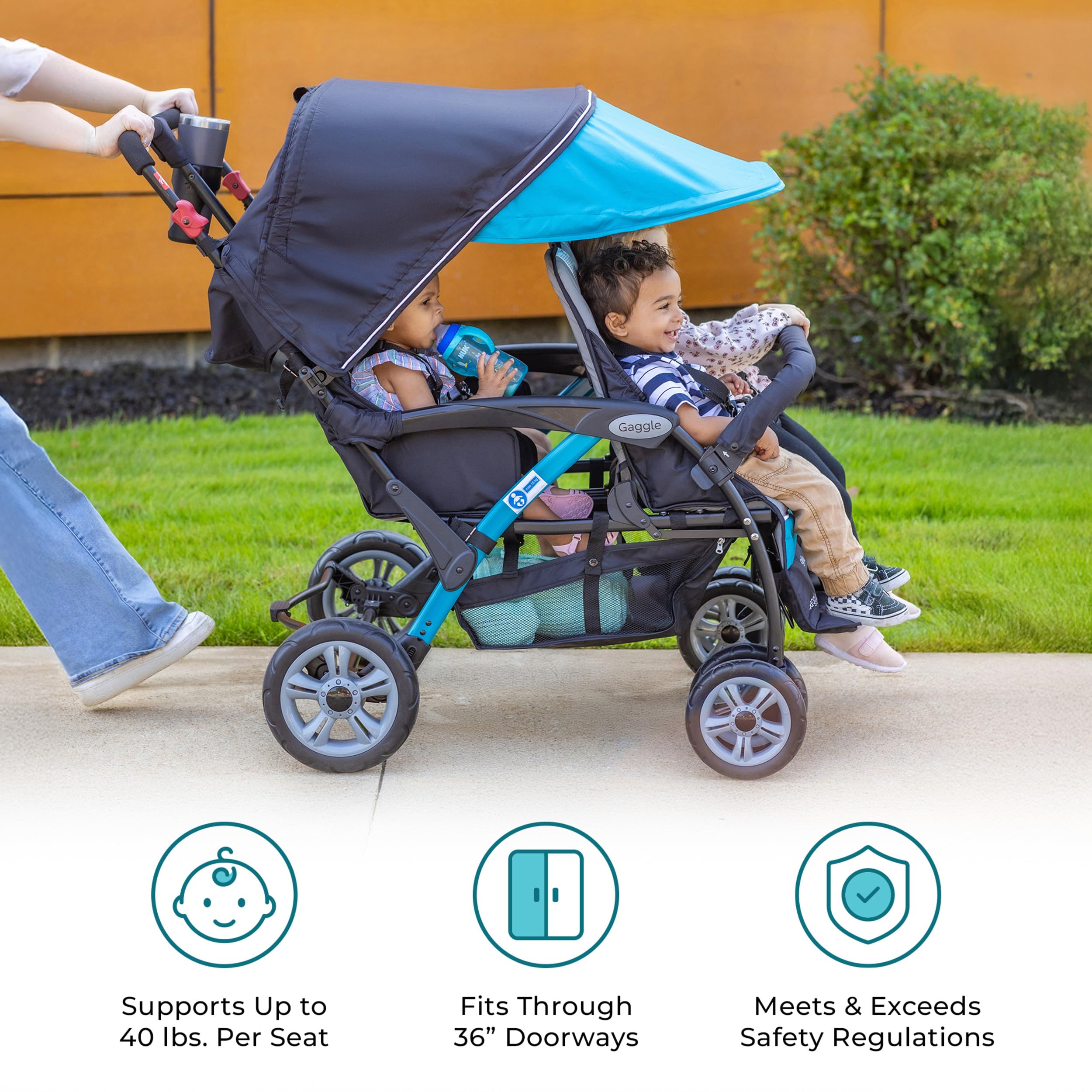 Gaggle Compass Quad 4-Sitzer-Kinderwagen, UV-blockierendes Verdeck, 5-Punkt-Gurt, Blaugrün