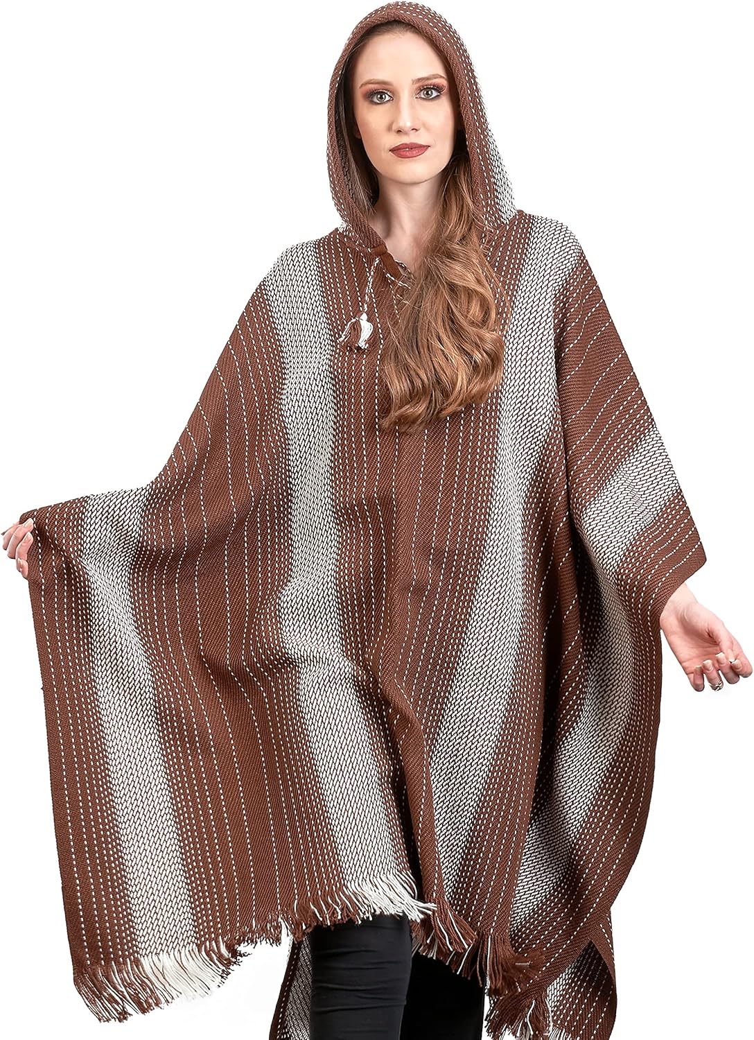 Alpaca Hooded Poncho for Women- Hippie Cloak Cape with hood - WomensTraditional Serape knitted with alpaca wool (Brown)