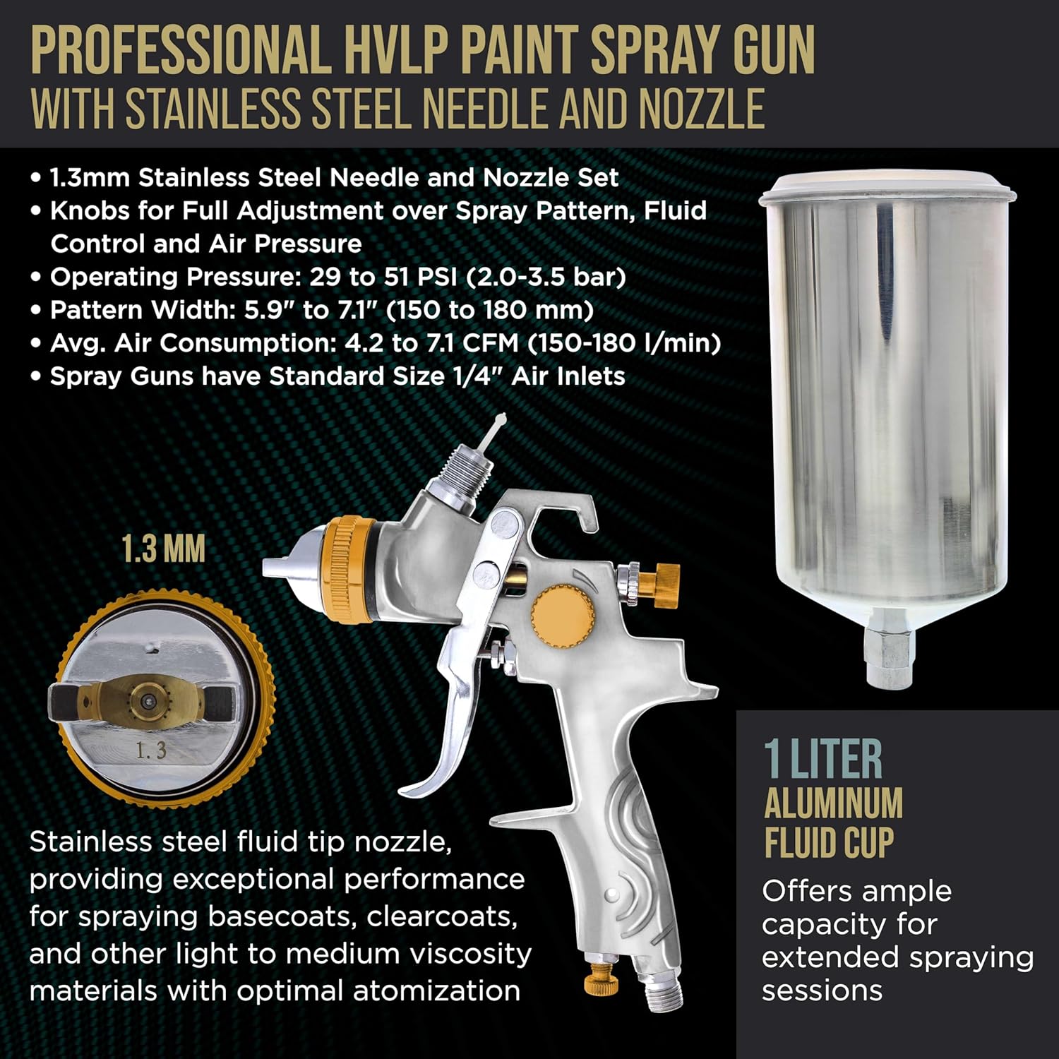 TCP Global® Brand Professional 1.3mm HVLP Spray Gun-gravity Feed-auto Paint Basecoat Clearcoat with Air Regulator (G6600-13)