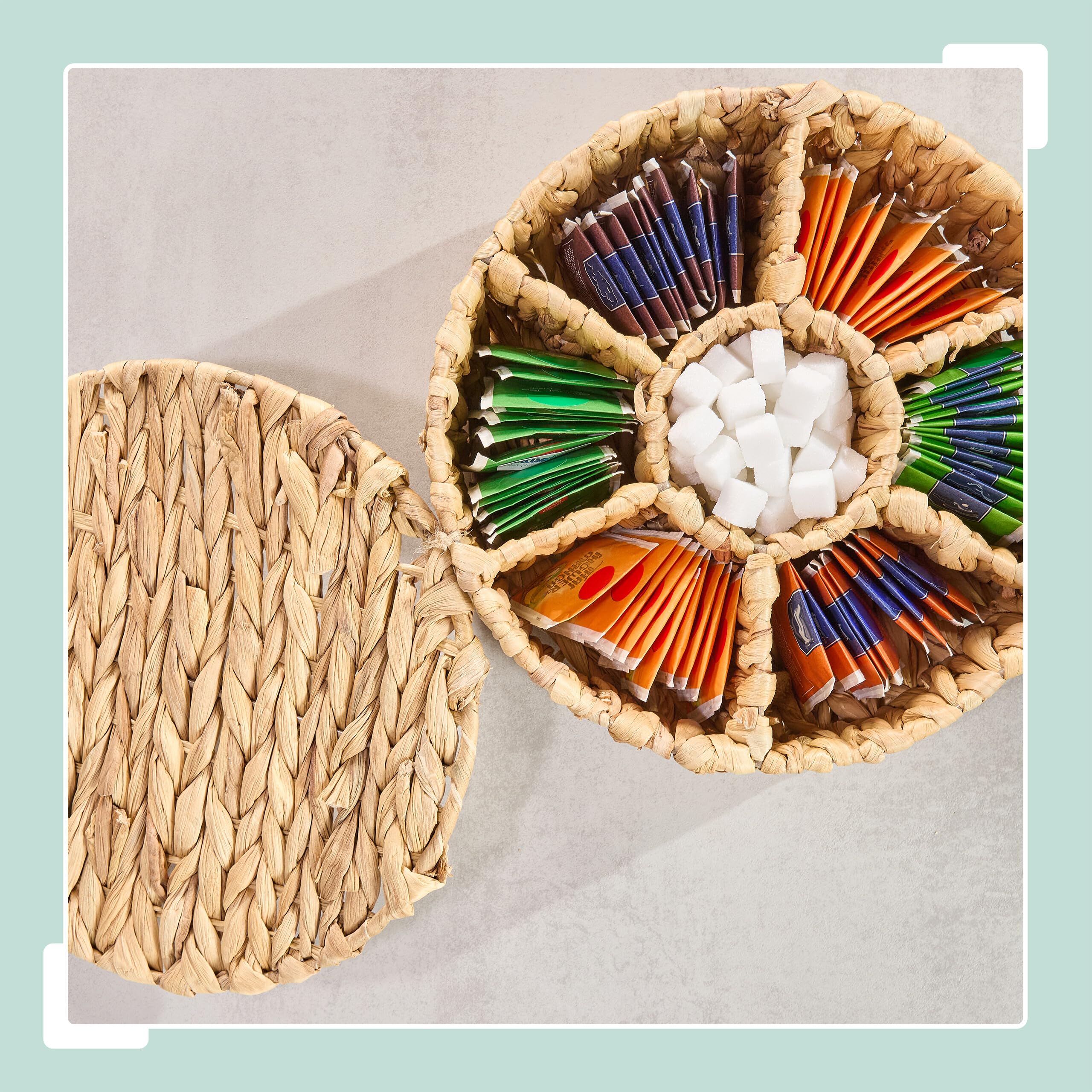 Relaxdays Boite à thé, 7 Compartiments, pour sachets de thé/Sucre, Aspect tressé, eichhornia, HxD : 11,5 x 28 cm, Nature