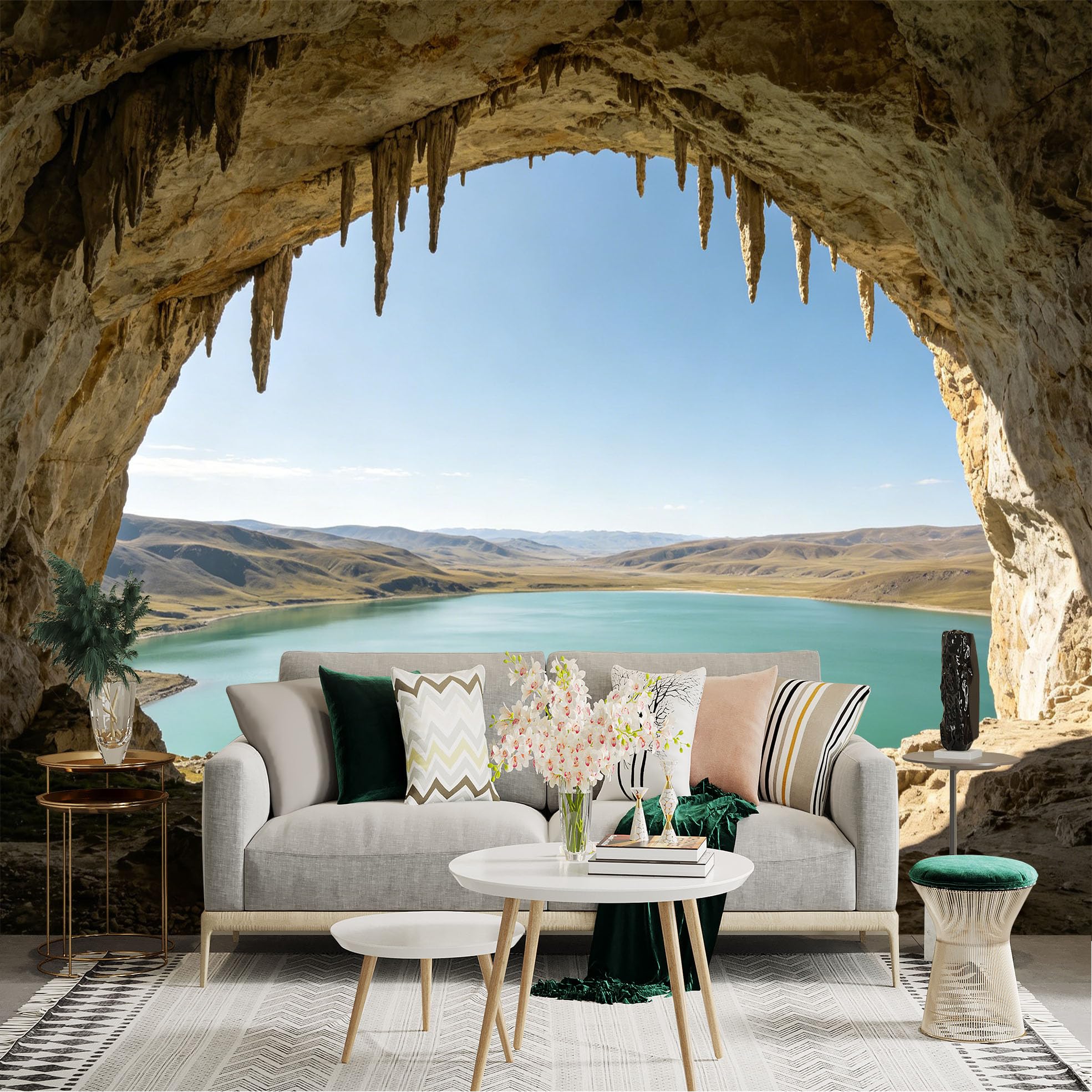 Lnzczhyre Dbh260521759 Custom Size Wall Sticker Mural， Limestone Cave Opening， Serene Turquoise Lake View， Nature Landscape Scene， For Wall Decoration， Peelandstick Wall Decals.