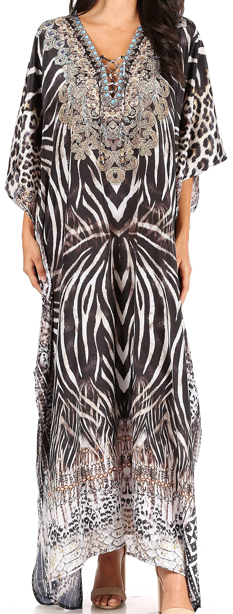 Sakkas Yeni Women's Short Sleeve V-Neck Summer Floral Long Caftan Dress Cover-up