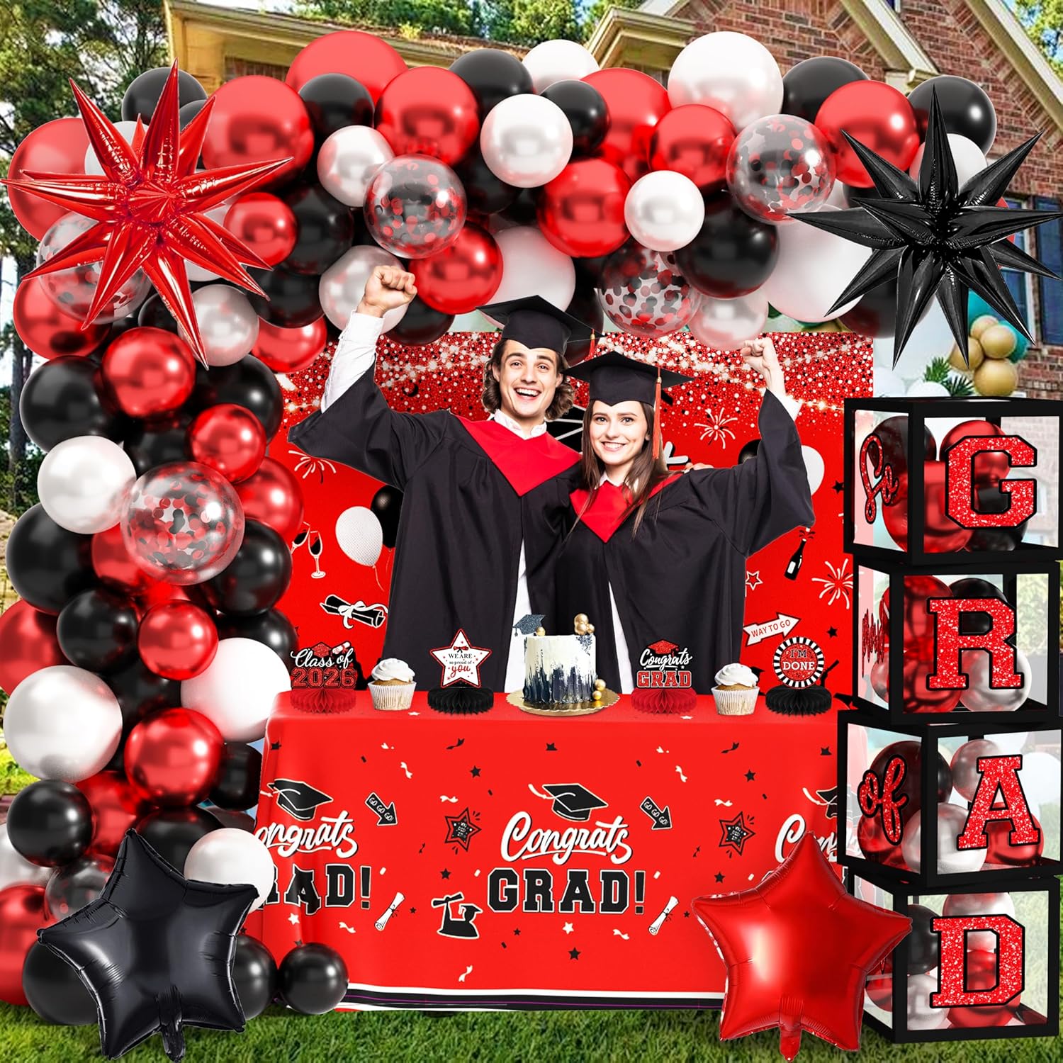 Graduation Decorations Class of 2026 Congrats Grad 2026 Party Supplies Include Backdrop Tablecloth Balloon Boxes with Letters Honeycomb Centerpieces Balloon Arch Kit Foil Balloons (Black and Red)