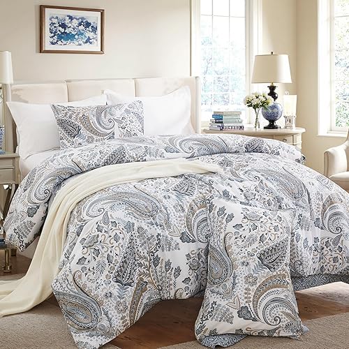 Miniatura 44 de Juego de funda de edredón tamaño Queen de 100% algodón, diseño floral vintage, juego de ropa de cama con cierre de cremallera y lazos de esquina, 3