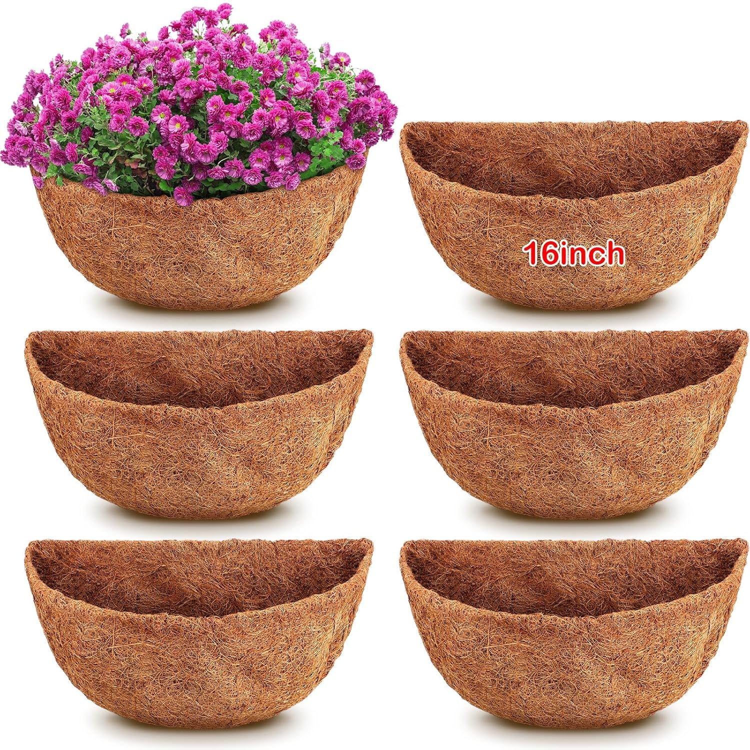 6 Pcs 16 Inch Half Round Replacement Coco Liner Half Circle Coconut Fiber Replacement Coco Liners Hanging Basket for Hanging Basket Wall Baskets Garden Planter Flower Pot