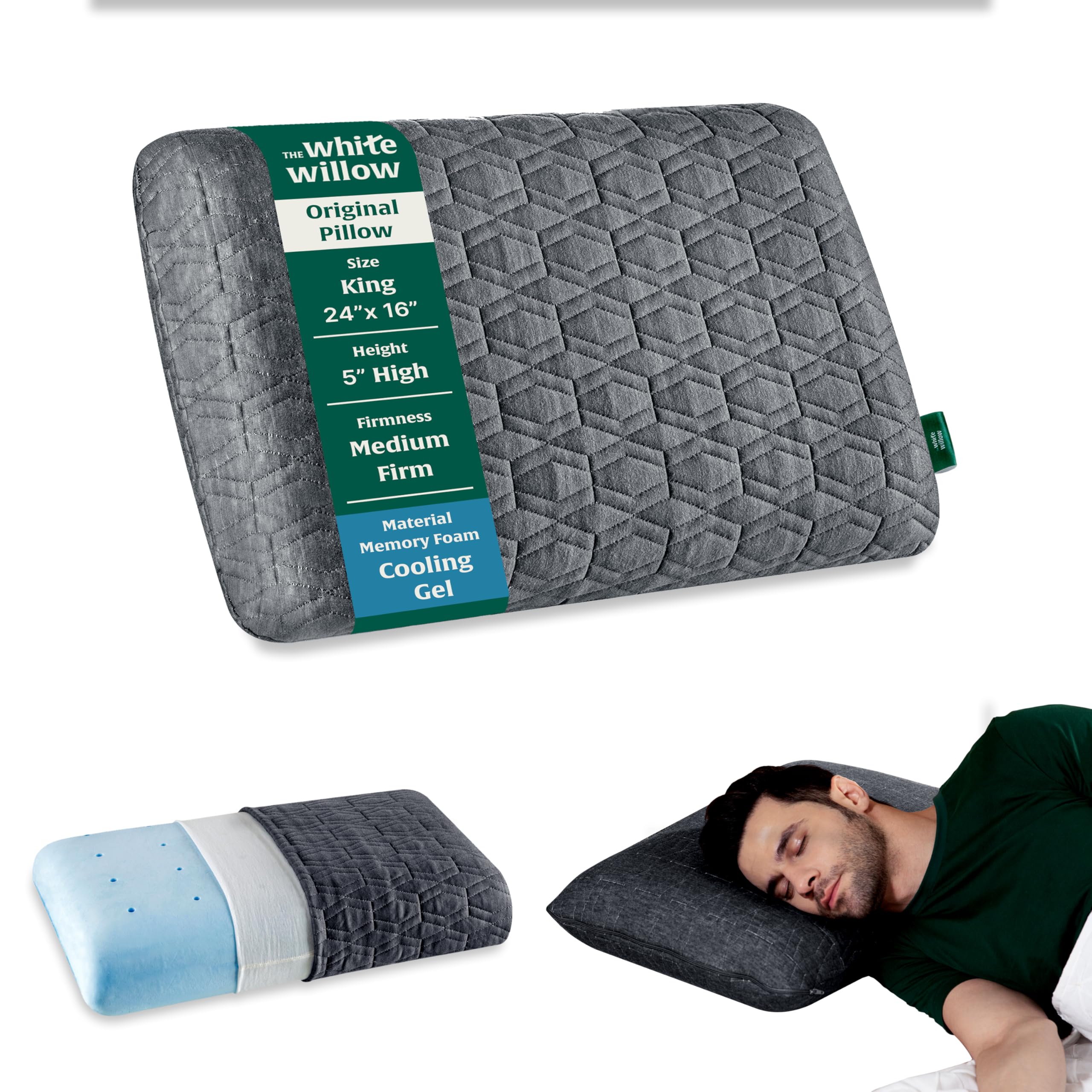The White Willow Memory Foam Pillow for Neck & Shoulder Pain Relief-Cool Gel-Cervical Pillow for Sleeping-Orthopedic Pillow for Back, Side & Stomach Sleepers-Medium Firm- Thick King Size-5" H-Grey