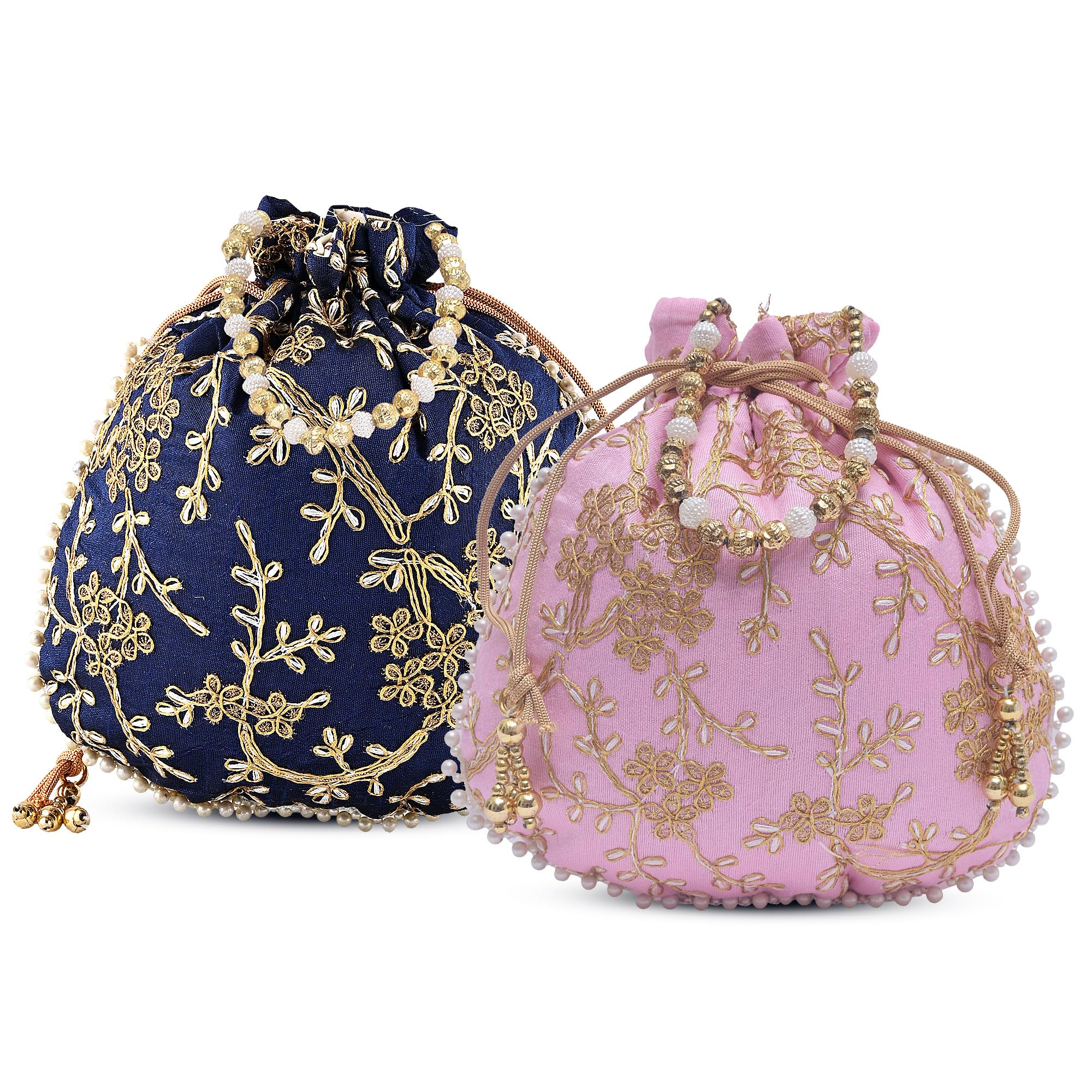 Pack of 2 Potli Bags for Ladies & Girls | Shagun Pouches for Festive Seasons | Embroidery Bridal Purse -Dark Blue & Light Pink-image-36
