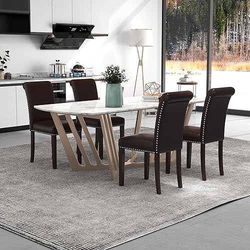 Miniatura 9 de Westice Juego de 6 sillas de comedor tapizadas de piel sintética para cocina, sillas laterales de comedor con ribete de cabeza de clavo y patas de