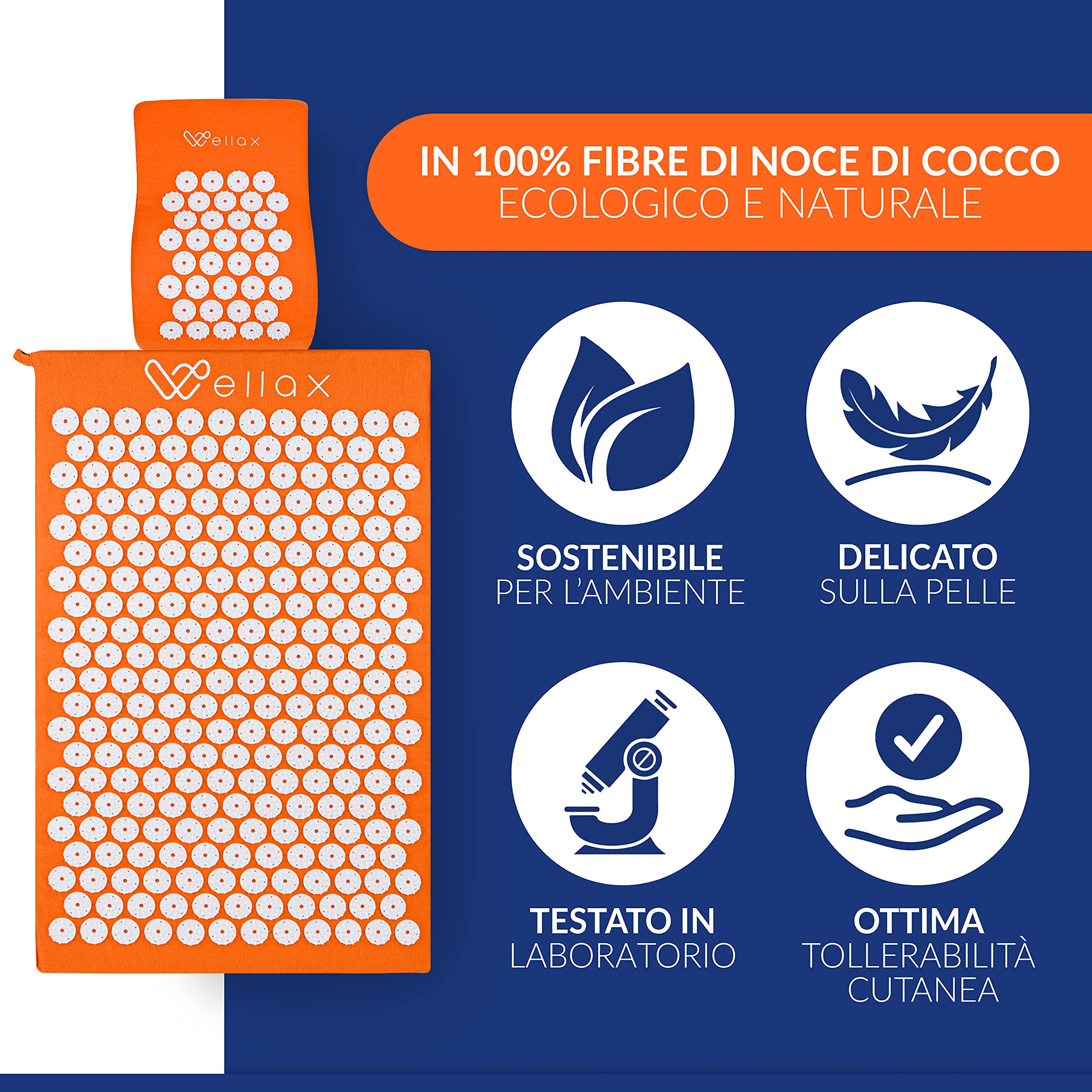 Tappetino per agopressione Wellax con cuscino - allevia specificamente la tensione e favorisce la circolazione - tappetino da massaggio in set con cuscino