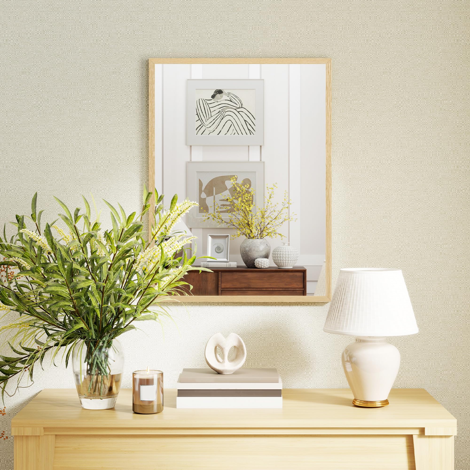 HOMCOM Espejo de Pared Rectangular 60x80 cm Marco de Madera Natural