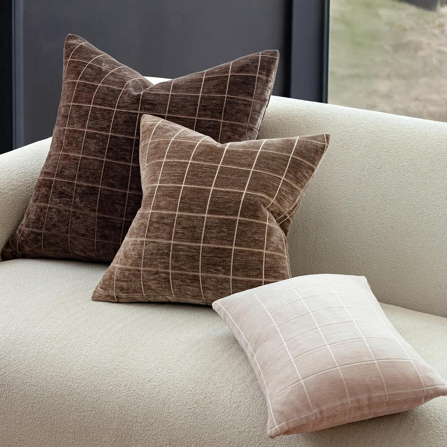 Decorative Chenille Plaid Throw Pillow Covers 24x24 Inch Set of 2 Vintage Check Couch Pillows Neutral Boho Farmhouse Cushion Covers Modern Home Decor for Sofa Bed Living Room Taupe Grey