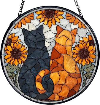 TNUW Cat Sunflower Stained Glass Window Hanging, Black Orange Cat Sunflower Suncatchers Indoor Window Glass Round Wall Art Decor, Cottagecore Floral Kitten Wall Hanging Decorations, 7.9"x7.9"
