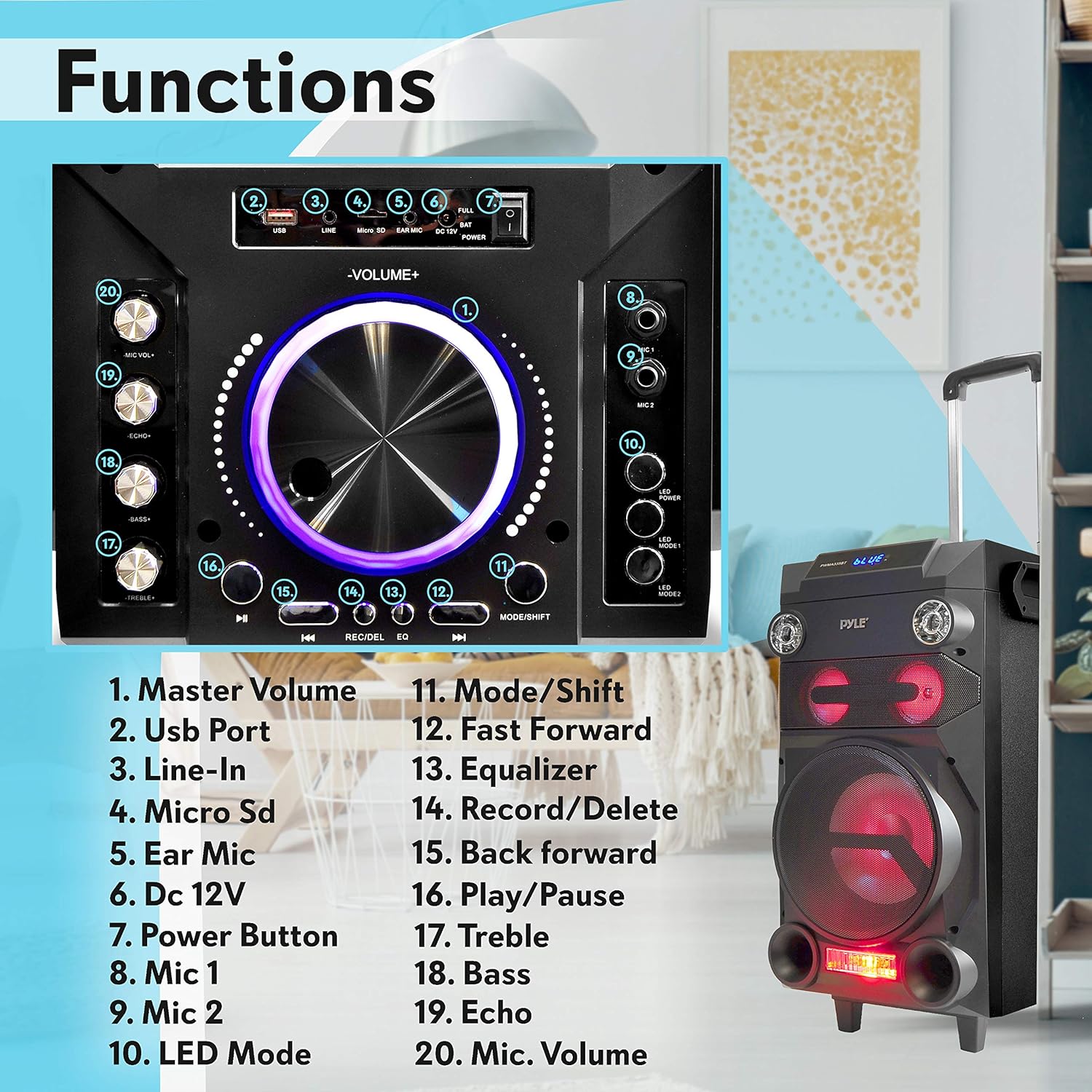 Pyle Outdoor Portable Wireless Bluetooth Karaoke PA Loud speaker - 8'' Subwoofer Sound System with DJ Lights, Rechargeable Battery, FM Radio, USB / Micro SD Reader, Microphone, Remote - PWMA335BT : Musical Instruments