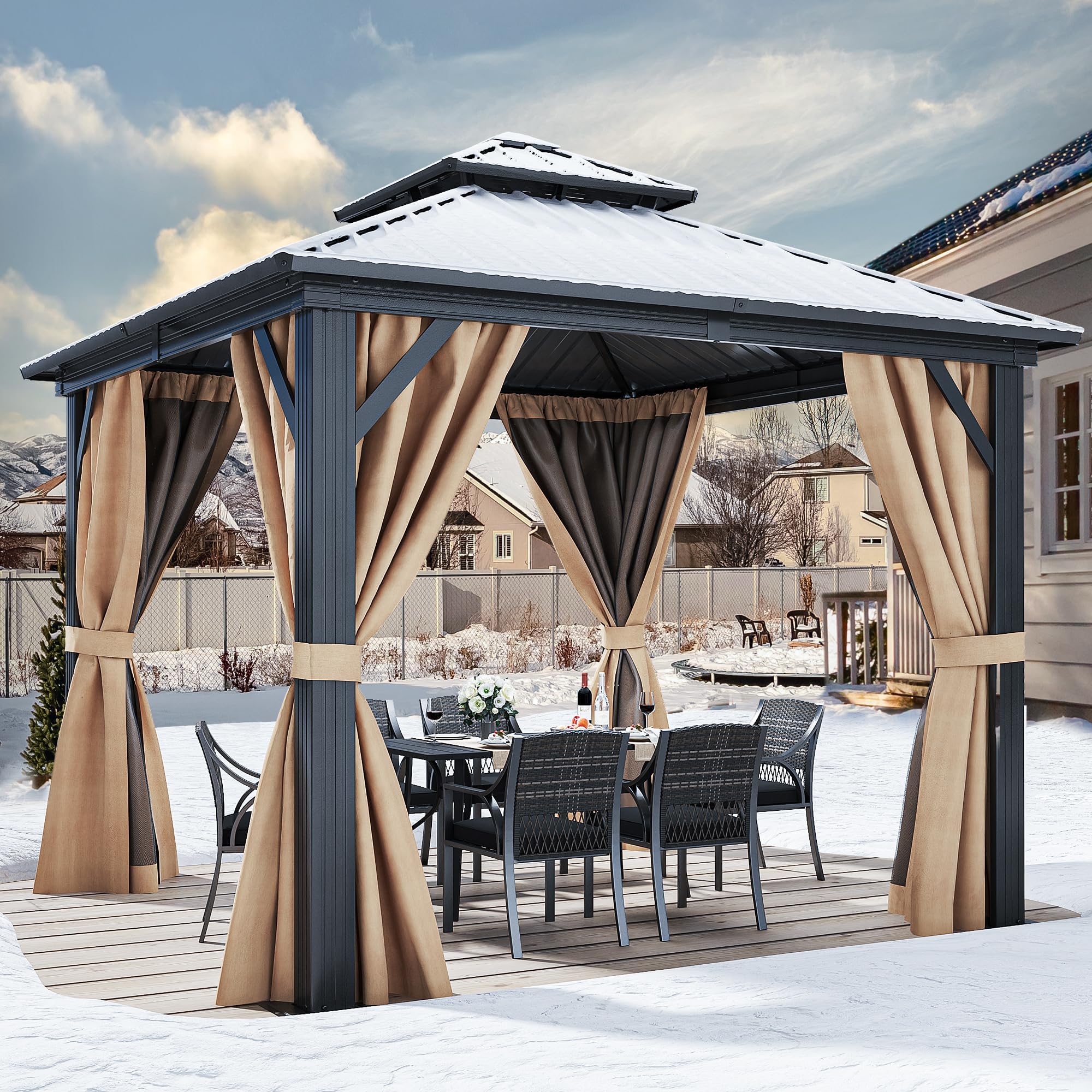yitahome 10x10ft hardtop gazebo with nettings and curtains, heavy duty double roof galvanized steel outdoor combined of horizontal vertical stripes roof for patio, backyard, deck, lawn brown