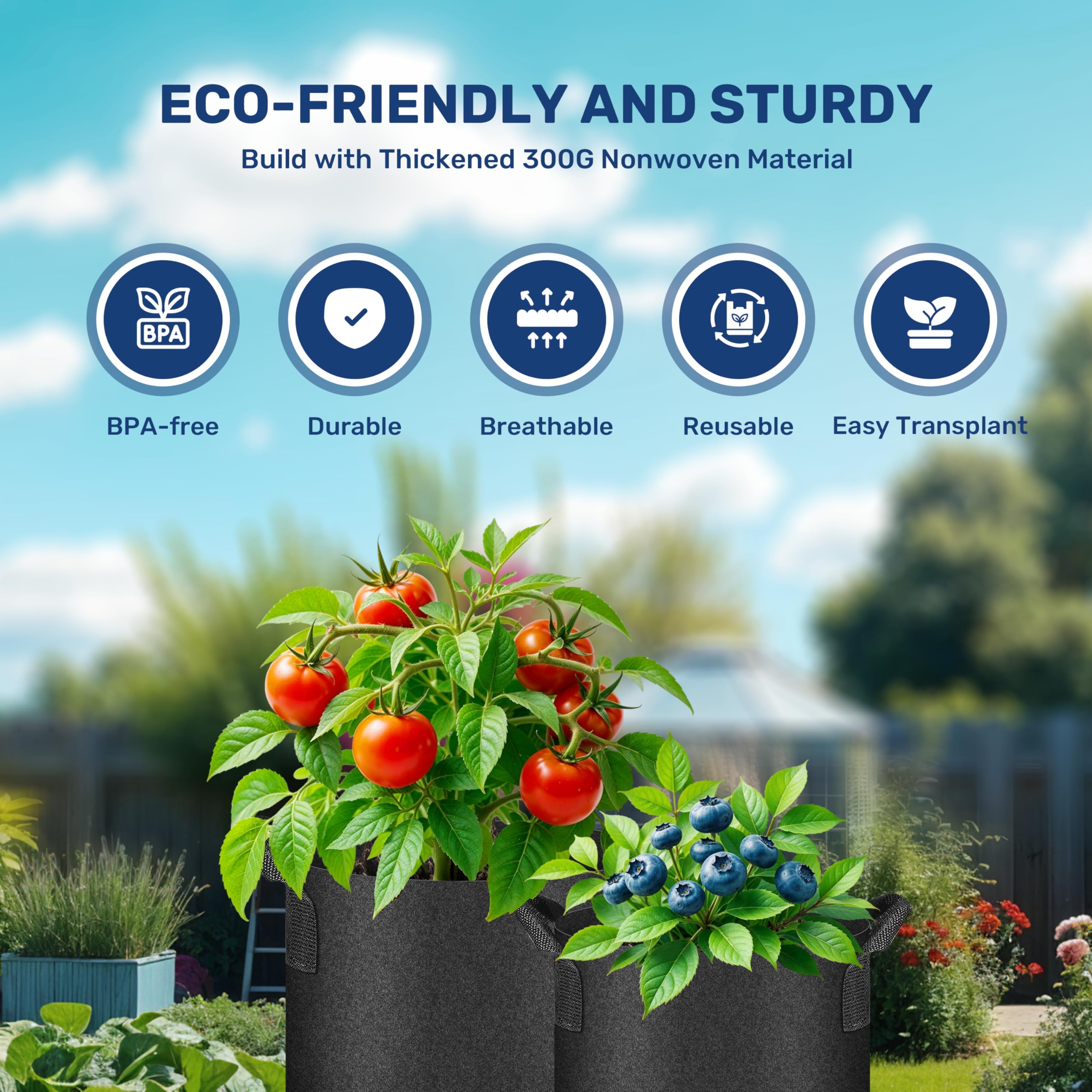 Simple Deluxe Con Asas, Bolsa no Tejida Gruesa Resistente con 6 Etiquetas para Plantas, 15 galones, 12 Unidades