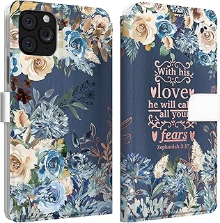 Mertak Wallet Case Compatible with iPhone 13 Pro Max 12 11 SE Xr Xs X 8 Plus 7 6s Zephaniah 3:17 Bible Scripture Cover Card Holder Flip Floral Slim Fit Proverbs Blue Lightweight Christian Protective