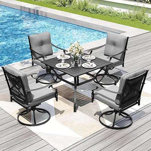 Miniatura 13 de PHI VILLA Juego de comedor al aire libre de 7 piezas para 6, mesa de comedor rectangular de acero negro con sillas fijas y giratorias de hierro,