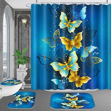 Poedist 4 Pcs Bathroom Shower Curtain Set,Blue Light Butterfly Bathroom Sets with RugsBath Mat,U Shape and Toilet Lid Cover Mat and 12 Durable Hooks