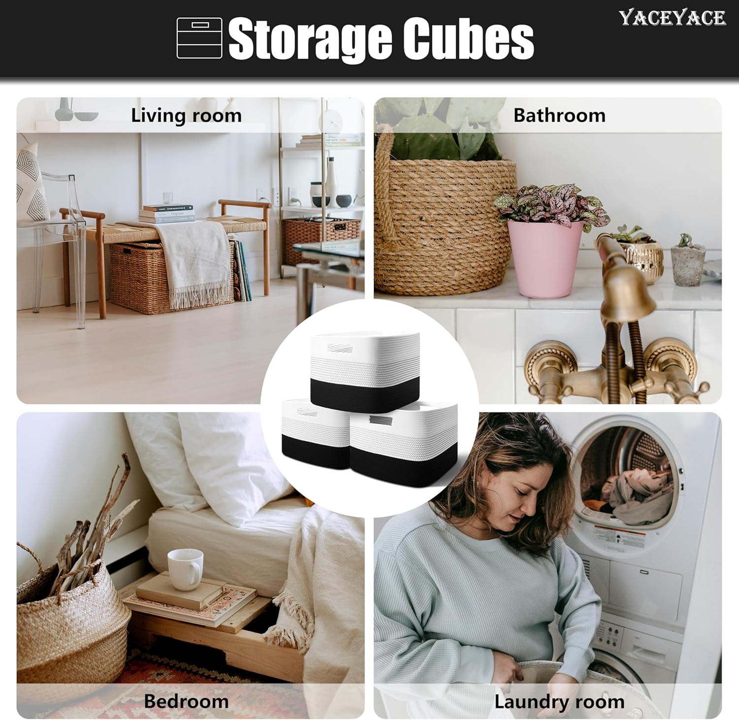 Storage Baskets, 3 Pack Woven Baskets for Storage,Organizing, Decorative, Foldable Fabric Bins with Handles for Toy, Cloth,Bathroom, Bedroom