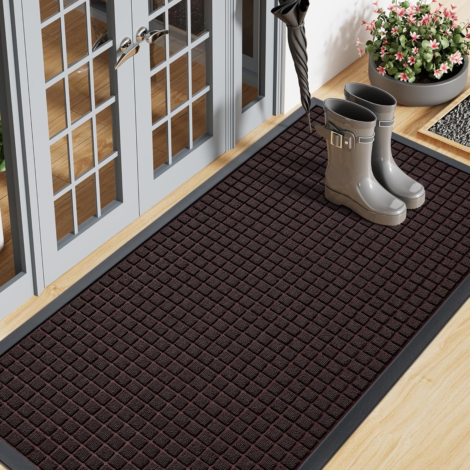 Smiry Heavy Duty Natural Rubber Front Door Mat 47x23 Inch - Non-Slip, Traps Dirt & Moisture, Easy Clean Low Profile Doormat Indoor Outdoor, Brown