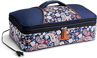 HotLogic Max XP Large Portable Electric Lunch Box Food Heater - Expandable Food Warmer Tote and Heated Lunchbox for Adults Work/Car/Home - Cook, Reheat, and Keep Your Food Warm 120V, Blue Paisley
