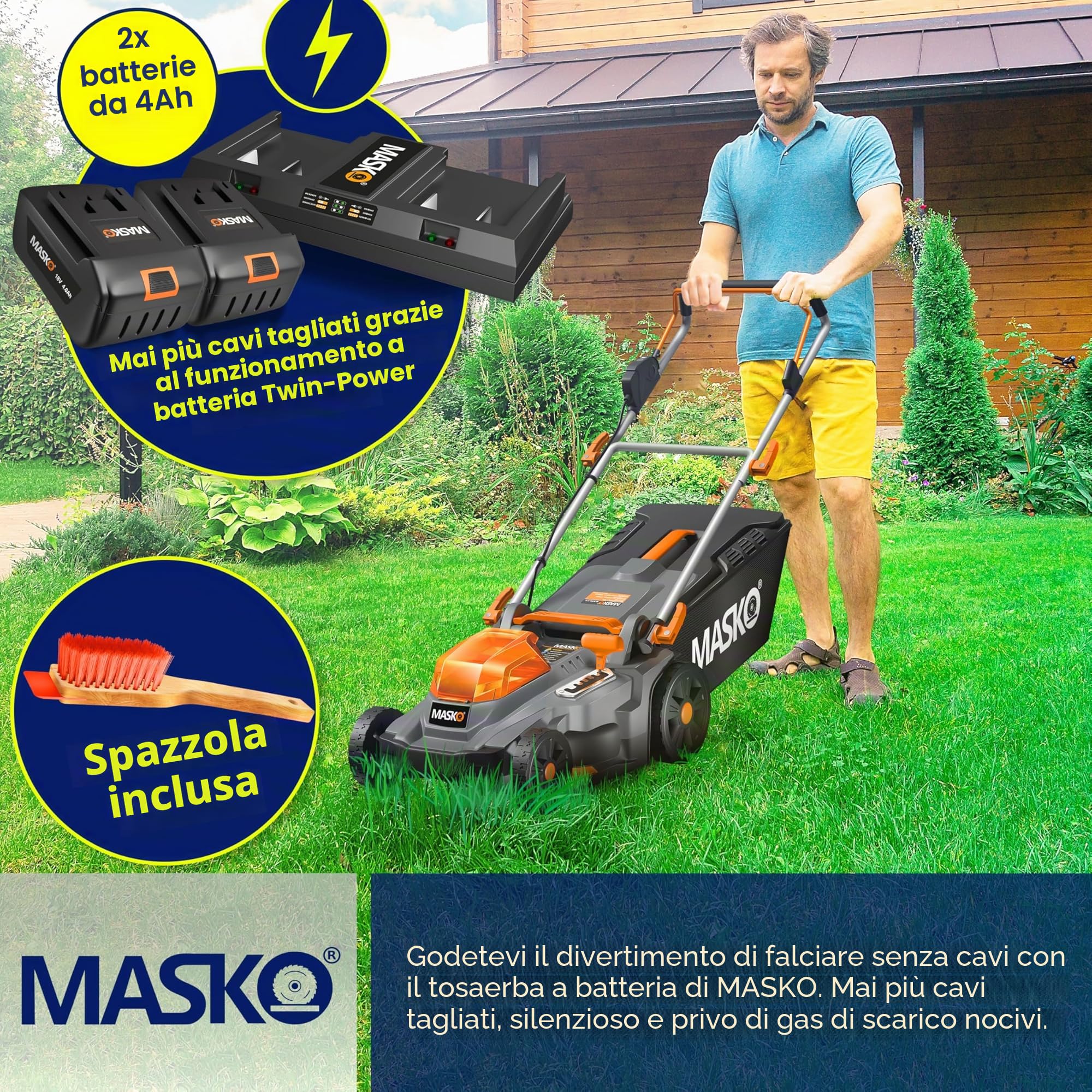 MASKO® Tosaerba a batteria con funzione pacciamatura, con 2 batterie agli ioni di litio da 4 Ah e doppio caricabatterie, larghezza di taglio 37 cm, 6 volte 25-75 mm, 40L fino a 600m²