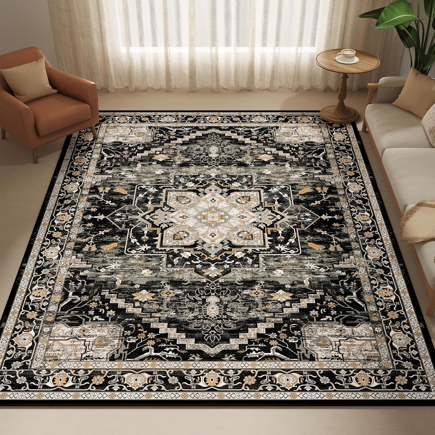 5x7 Washable Area Rug for Living Room, Non-Slip Soft Boho Vintage Medallion Carpet, Low Pile Distressed Rugs for Bedroom, Dining Room, Home Office, Dorm, Indoor Decor, Black Gold