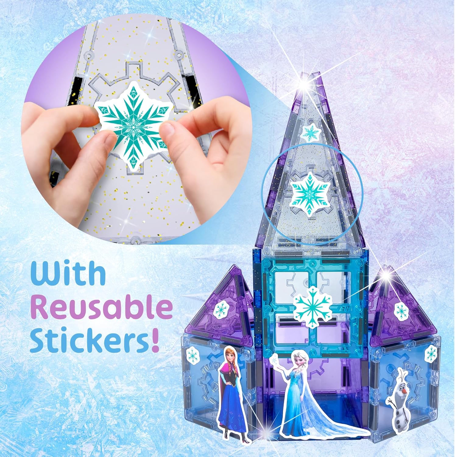 Tytan Toys Disney Frozen Magnetic Tiles Princess Castle - 20-Piece STEAM Building Set with Glitter Tiles & Elsa, Anna, Olaf Stickers - Educational Frozen Toys for Girls Age 3-4+