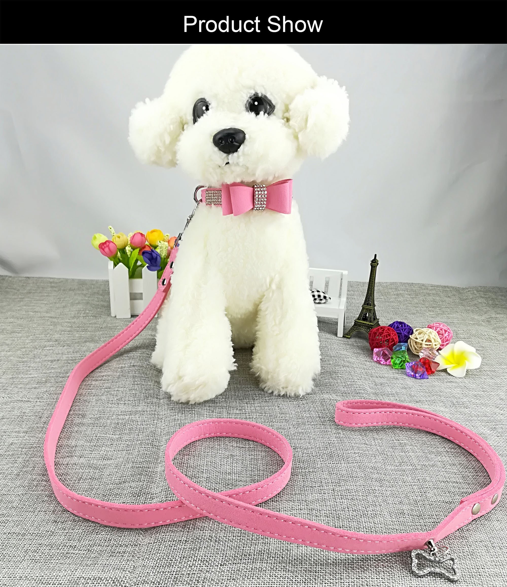 Newtensina 3-teiliges Hundehalsband & Leinen Set – Wildleder-Look Mit Glitzer & Fliege Für Kleine Hunde & Katzen