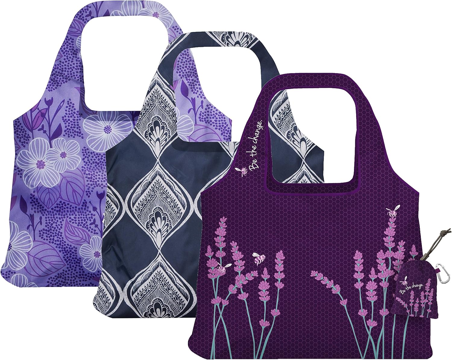 ChicoBag Vita Reusable Bag with Built-In Pouch and Carabiner Clip | Large-Capacity Shoulder Bag | Eco-Conscious Packable Tote | Variety 3pk - Bliss, Be, & Peacock Bandana (Pack of 3)