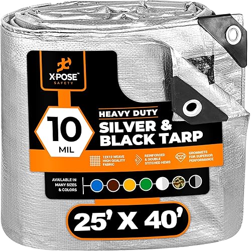 Heavy Duty Poly Tarp - 25' x 40' - 10 Mil Thick Waterproof, UV Blocking Protective Cover - Reversible Silver and Black - Laminated Coating - Grommets - by Xpose Safety