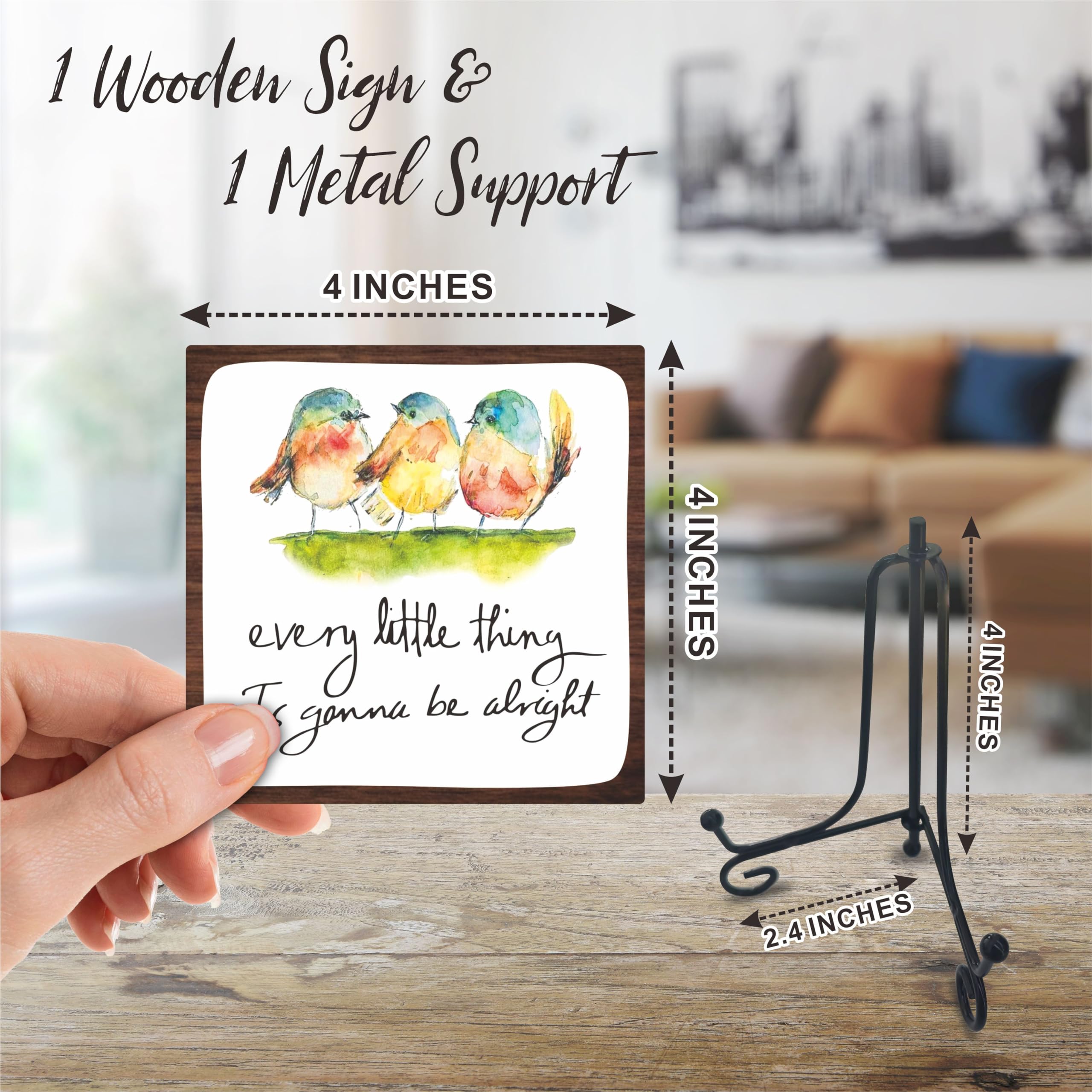 Letrero de madera de 4 pulgadas con un soporte de metal – Every Little Thing Is Gonna Be Alright – Acuarela adorables pájaros, cita positiva, placa de madera para decoración de escritorio, regalos