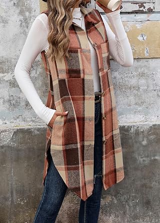 ZILIN Long Flannel Plaid Vest for Women Button Down Sleeveless Shacket Shirt Jacket with Pockets
