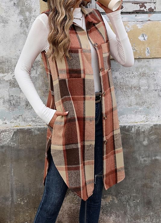 ZILIN Long Flannel Plaid Vest for Women Button Down Sleeveless Shacket Shirt Jacket with Pockets
