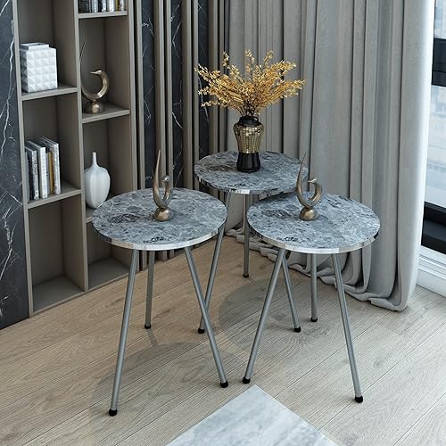 Miniatura 8 de Juego de 3 mesas anidadas, mesas auxiliares redondas apilables para espacios pequeños, mesita de noche para sala de estar, dormitorio, sala de