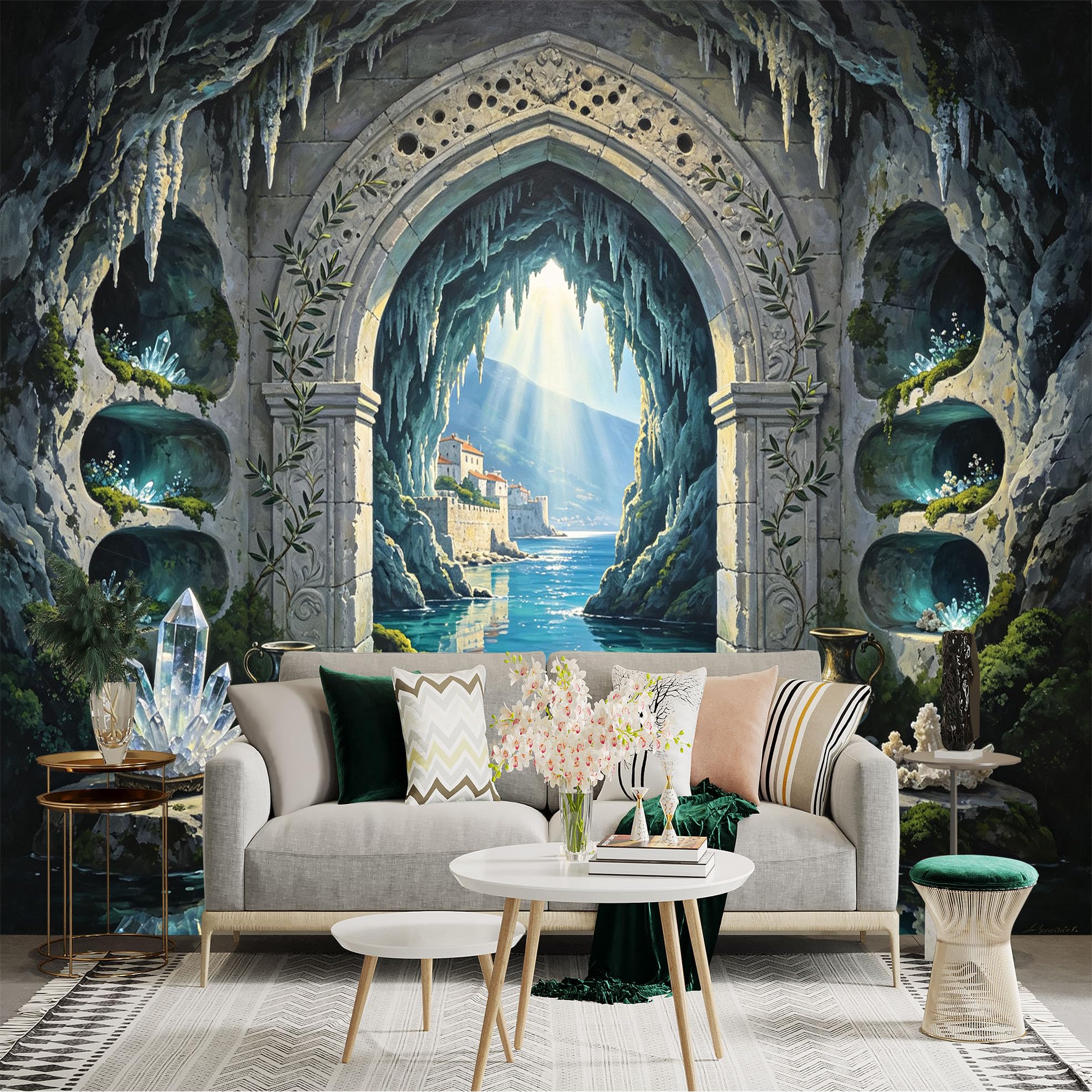 Custom Size Wall Sticker Mural， Fantasy Cave Archway， Crystal Grotto， Coastal Water Scene， Mystic Seaside， for wall Decoration， peelandstick wall Decals.