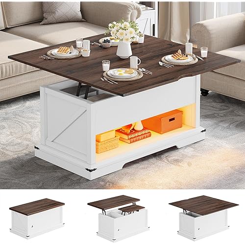 YITAHOME Lift Top Coffee Table for Living Room, 3 in 1 Multi-Functional LED Coffee Table with Storage, Wood Farmhouse Coffee Table with Hidden Compartment, Lift top Dining Table, White & Brown