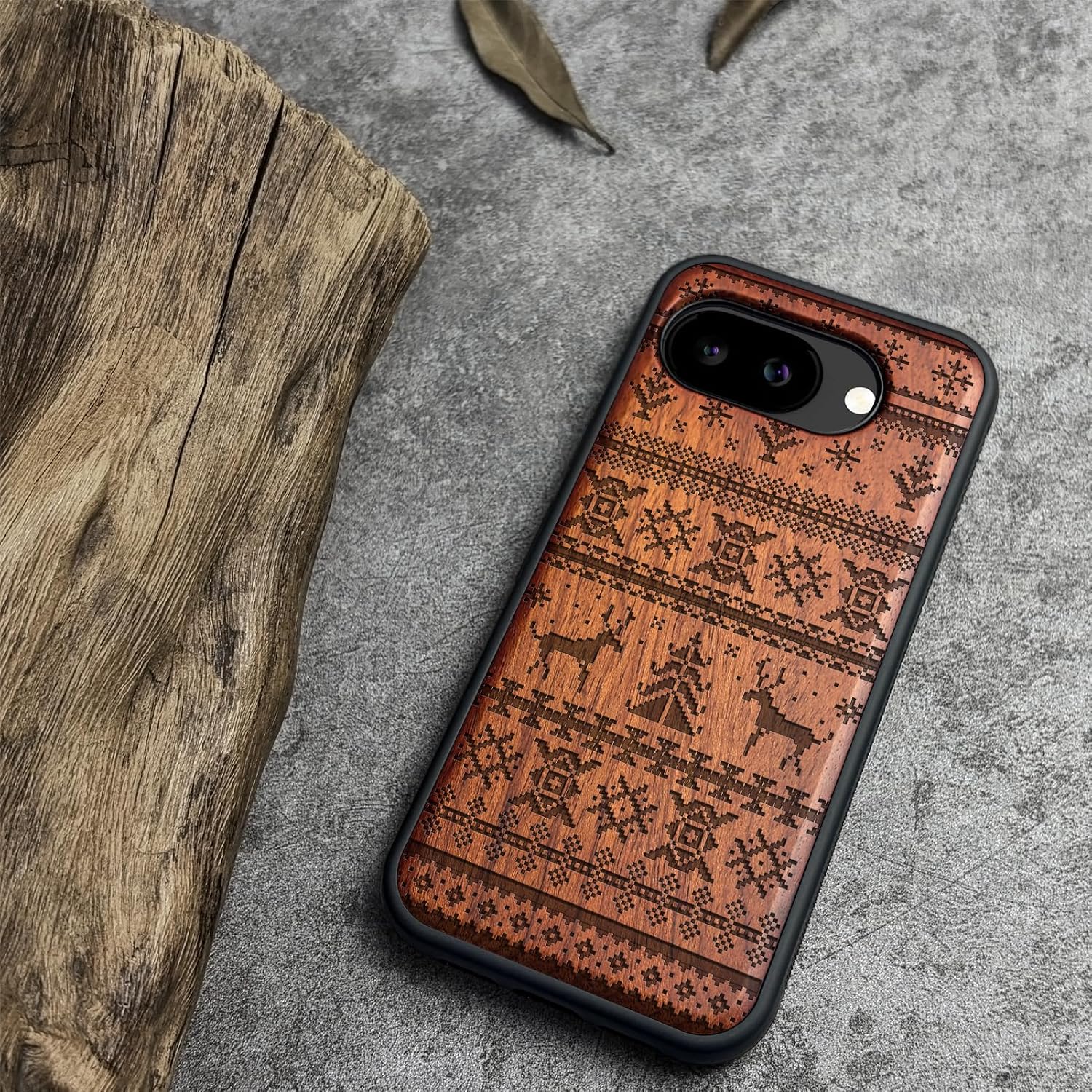 Carveit Magnetic Wooden Case for Google Pixel 10a Case, Wood Artisan Engraved & Soft TPU Shockproof Cover, Compatible with MagSafe Wireless Chargers (Deer, Snowflake and Tree) Rosy