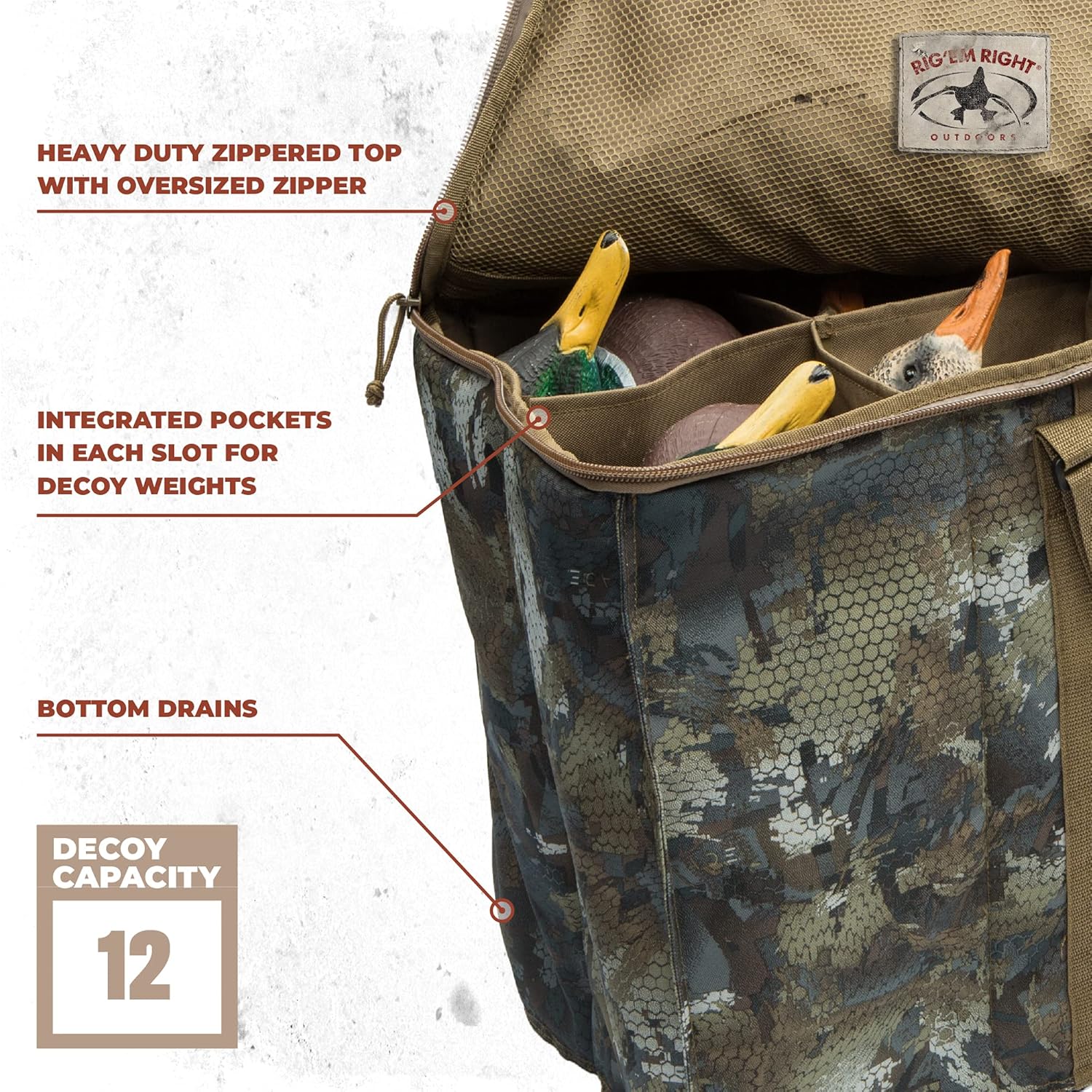 Rig'Em Right Waterfowl 12-Slot Deluxe Duck Decoy Slotted Hunting Bag with Padded Protection and Bottom Drains