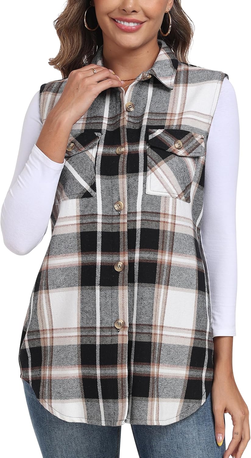 MoFiz Womens Long Flannel Plaid Vest Fall Winter Button Down Sleeveless Shacket Shirt Cardigan Coat With Pockets - Image 3