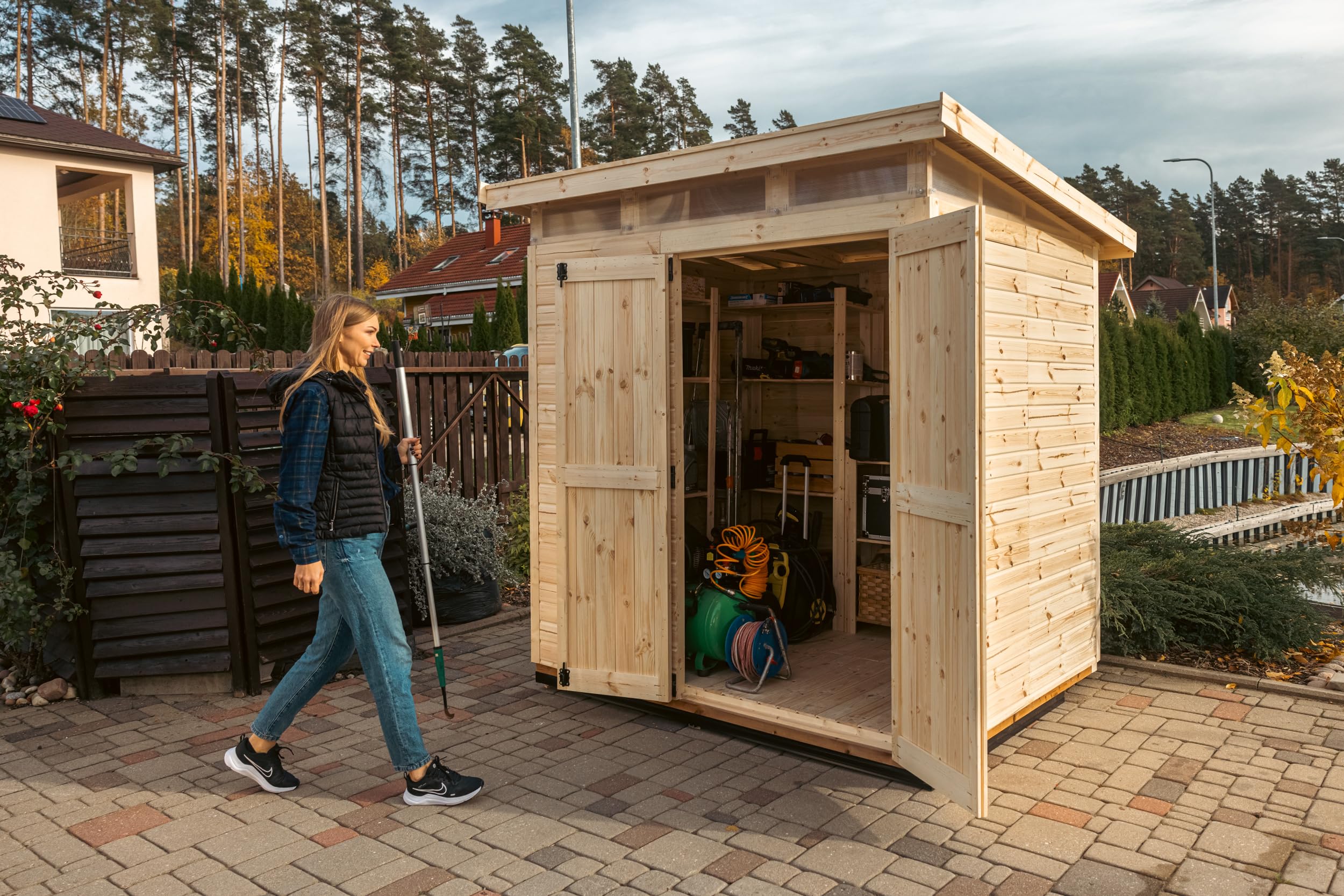Upyard Gartenhaus Strongbox L - Robuste Holz Gerätehaus mit imprägniertem Fundament und extra Strapazierfähigem Onduline Dach, 203x163 cm, Naturholz