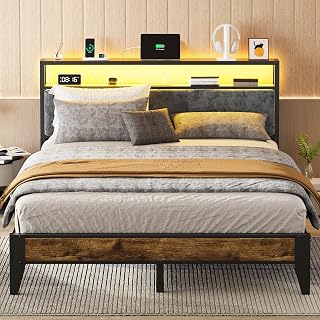 OLEVS Queen Metal Platform Bed Frame with RGB LED Headboard, 2-Tier Storage, USB-C Charging Station - No Box Spring Needed