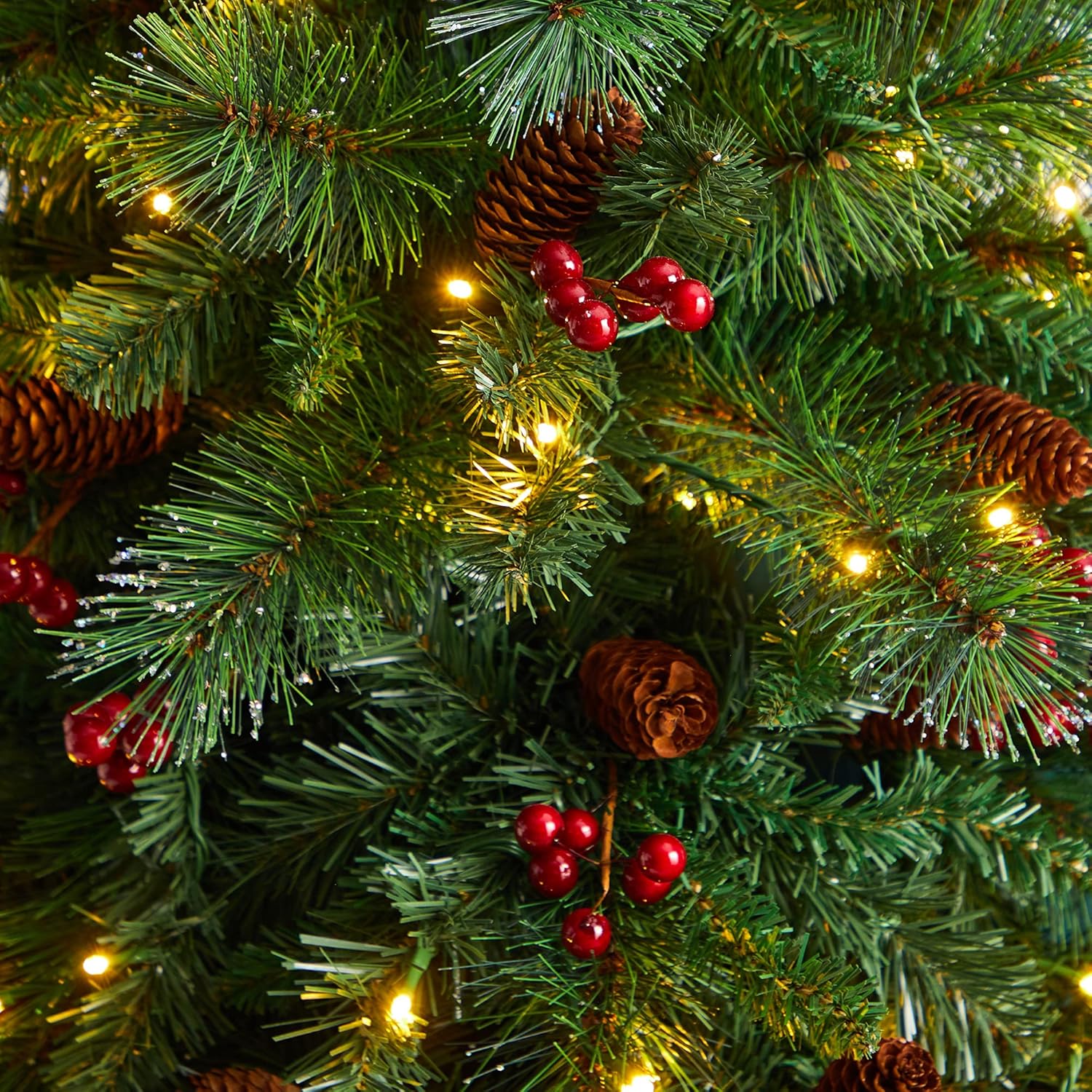 Nearly Natural 6ft. Flat Back Montreal Mountain Pine Artificial Christmas Tree with Pinecones, Berries and 150 Warm White LED Lights and 359 Bendable Branches