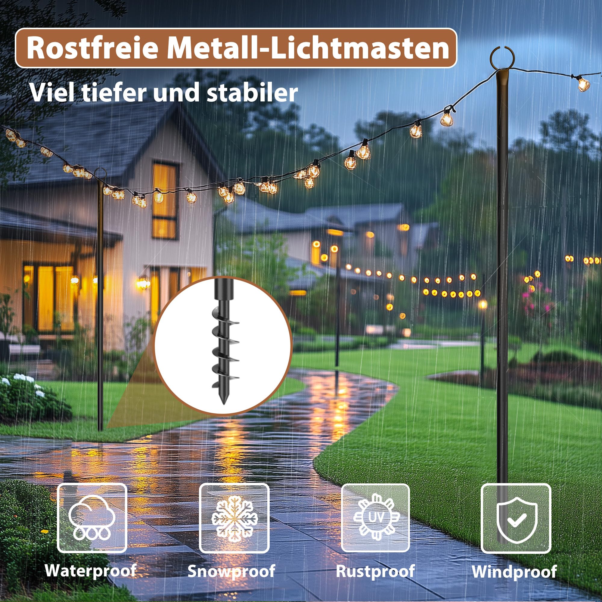 3,2M Metall String Light Poles 2 Pack für Außen – Lichterketten Stangen mit Spiral-Design, korrosionsbeständig & wetterfest für Terrasse, Garten, Party & Weihnachten, schwarz[Energieklasse A]